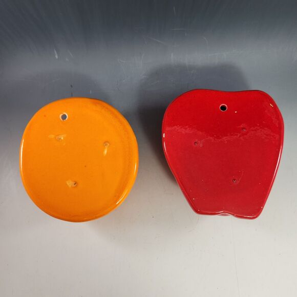 Fruit Wall Pocket Vase Set 2 Red Apple Orange Leaf Vintage Planter Hanging VTG - Picture 6 of 10